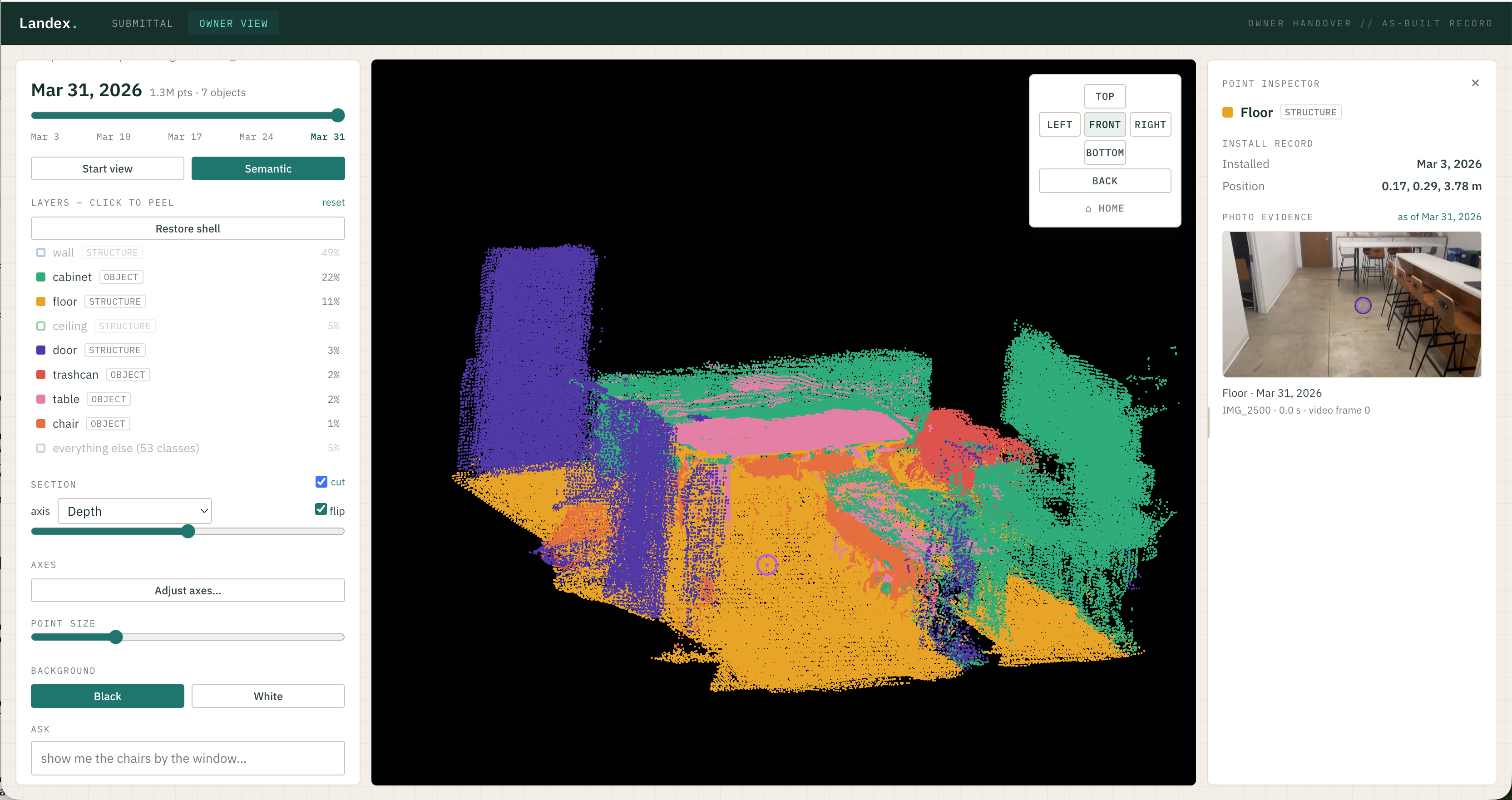 Landex Owner View — every element on the site grounded in a rich spatial model, keyed to the real component and its install record.